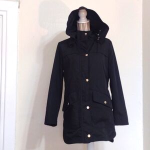 Eliza J Black Hooded Front Zip Long Jacket Size M